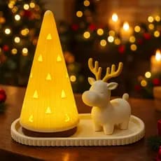 Kit Decoração de Natal Bandeja Com Rena e Árvore de Natal Iluminada Com Vela LED Enfeite Natalino