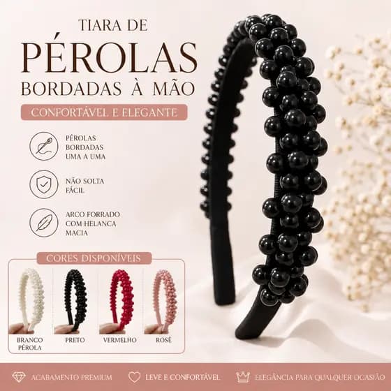 Tiara de Pérolas Bordadas à Mão | Aro Confortável | Infantil e Adulto | Luxo Premium