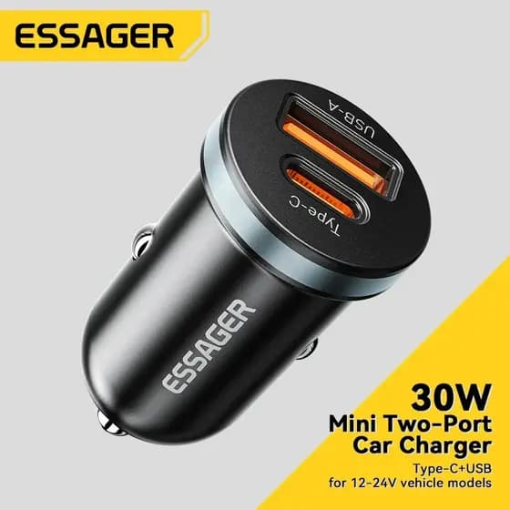 Mini Carregador Veicular Essager 30W Portas USB-A e Tipo C