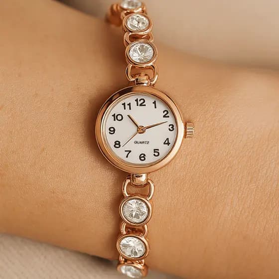 Relógio Feminino Dourado Rosé Pequeno Vintage de Quartzo Pulseira com Pedras Delicado Luxo Analógico