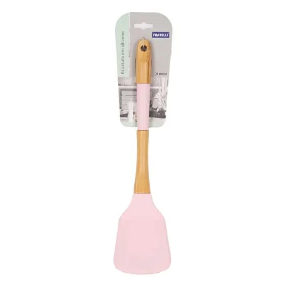 Espátula De Silicone Rosa Com Cabo Bambu