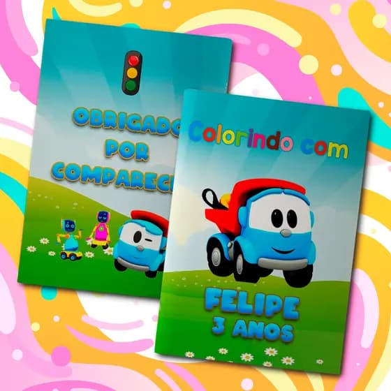 Livreto 8 Paginas Para Colorir Festa Infantil Tema Personalizado Léo o Caminhão Livrinho
