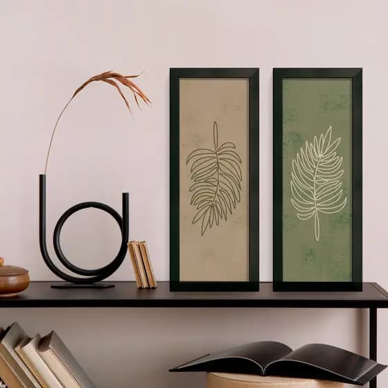 Quadro Decorativo de Parede Banheiro Lavabo com Moldura Vidro Folhas Minimalista Botânico Line Arte