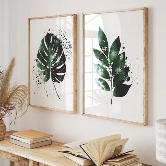 Quadro com Moldura Vidro para Sala Quarto Hall Minimalista Folha Folhas Botanico Tons de Verde