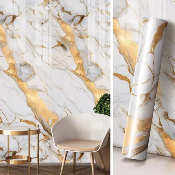Papel de Parede Marmore Branco Dourado Lavavel sala 5m