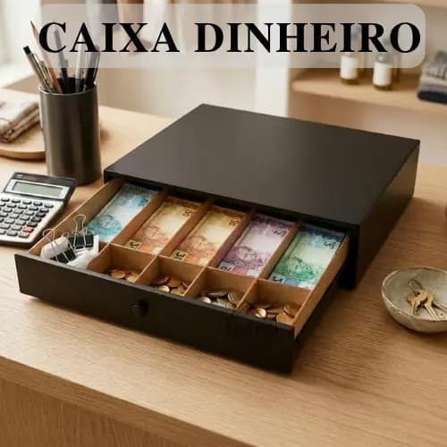 Gaveta Dinheiro Caixa MDF Preto 38x26x7 cm Facilita Troco Cliente Organizador Dinheiro Comercio Loja