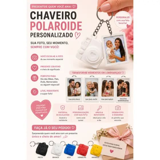 Chaveiro Câmera Polaroid Personalizado com Foto – Presente Criativo para Datas Especiais