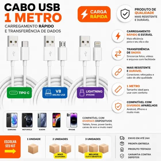 Cabo Carregador USB Tipo C V8 Lightning 1m Carga Rápida e Transferência de Dados
