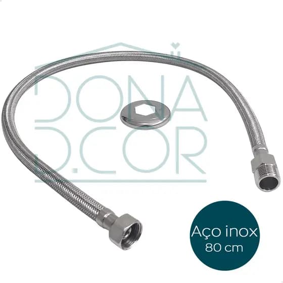Engate Mangueira Flexível 80cm Inox 304 Trançado Macho x Femea Rabicho Entrada 1/2 Água Quente Fria