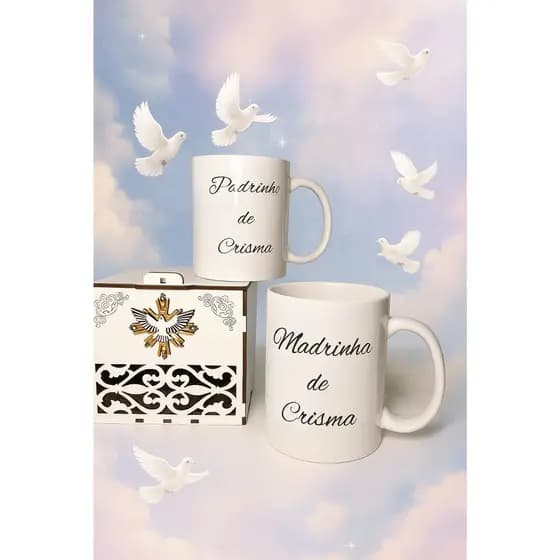 lembrancinha de crisma Caixa mdf com caneca convite para padrinho e madrinha Dindo Dinda