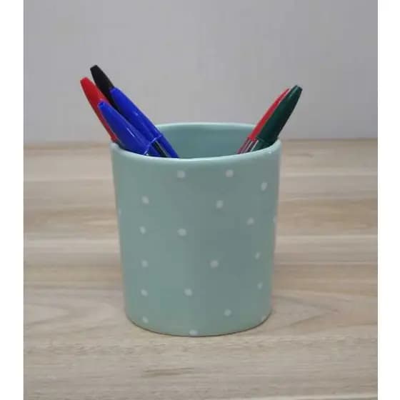 Porta Lápis Canetas de Cerâmica ,Porta Pentes, Porta Escovas de Dente, Porta Treco Verde Bebe com Poá Branco