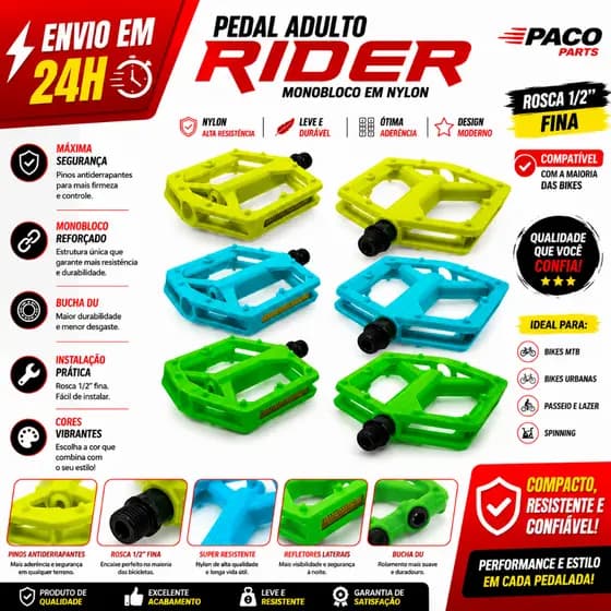 Pedal Adulto Nylon Rider 1/2 Rosca Fina Monobloco Paco Bucha DU Original paco