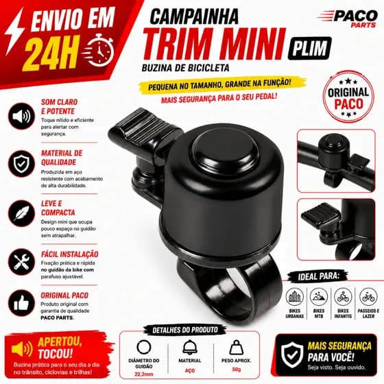 Campainha Trim Mini Plim Buzina De Bicicleta Bike Aco Preta ORIGINAL PACO