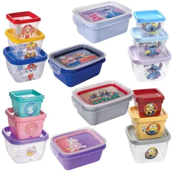 Kit Marmita Hermética + Conjunto de 3 Potes Infantil com Divisória BPA Free Plasútil Disney