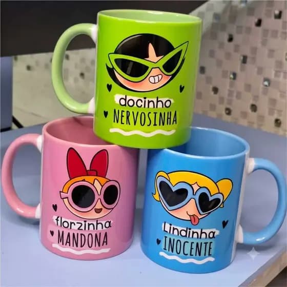 Caneca de Porcelana Meninas Super Poderosas Docinho Lindinha Florzinha Estrelinha