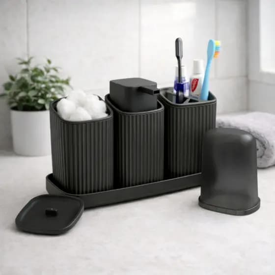 Kit 4 Peças Para Lavabo e Banheiro Com Dispenser de Sabonete, Porta Escova, Porta algodão, Bandeja