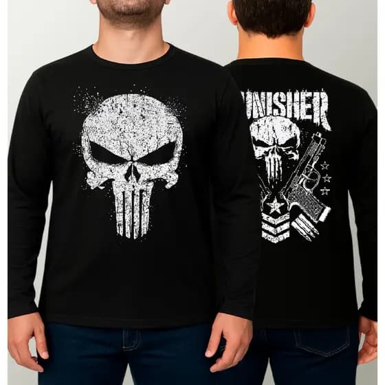 Camiseta Masculina Manga Comprida Estampa The Punisher Justiceiro Dry-fit