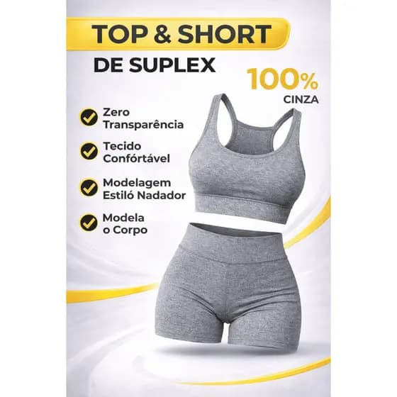 Conjunto Fitness Feminino Suplex Cinza Top + Shorts Cintura Alta Zero Transparência Academia