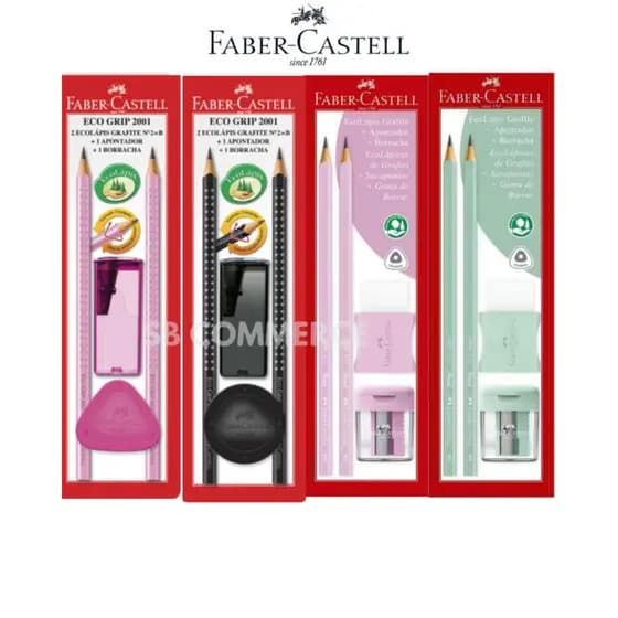 Lápis Preto Nº2 Triangular Faber Castell Grip 2001 Rosa com 2 Lápis + Apontador + Borracha