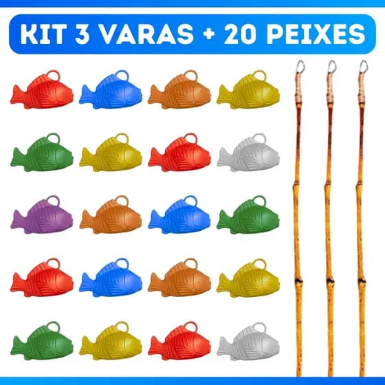 Kit Jogo Para Festa Junina Pescaria 3 Varas De Pesca 20 Peixes Arraiá Caipira - ENTREGA RÁPIDA