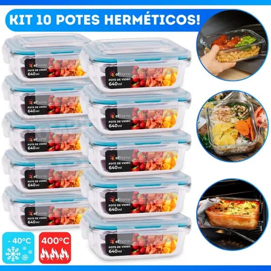 Conjunto Jogo 6 / 8 ou 10 Potes Vidro 1040 640 370 ml Marmita Tampa 4 Travas