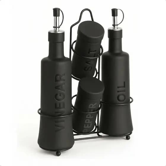 Galheteiro Com Suporte 5 Peças e 2 Peças Nero Vidro Preto Decoração Ex Decor