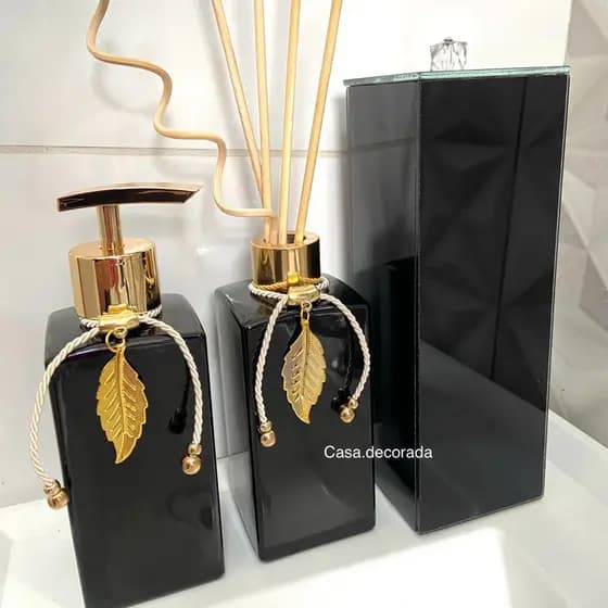 Kit Lavabo Difusor De ambiente Dourado Porta Escovas Preto Saboneteiro Vareta Espiral Pingente Folha