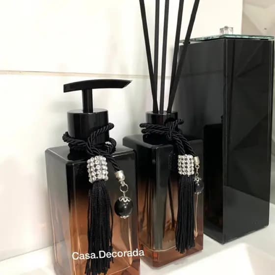 Kit Lavabo / Banheiro Porta Escovas de Vidro Espelhado Saboneteira Difusor de Ambiente com Vareta de Fibra Preto Rose