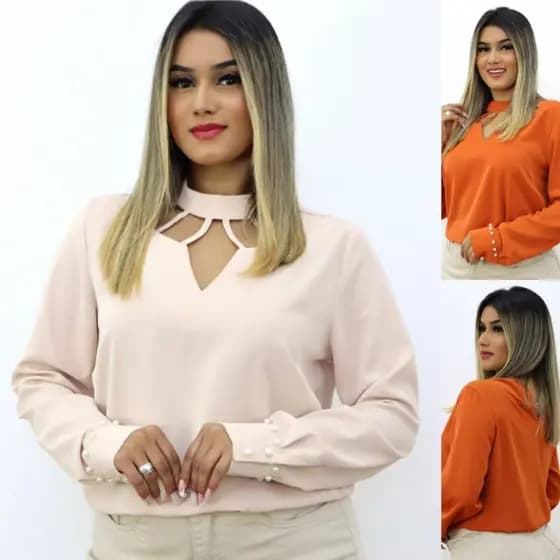 Blusa feminina elegante Blusa social feminina Camisa feminina Luxo Detalhe na gola