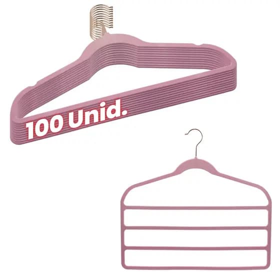 Kit 100 Cabides Veludo Rosa Gancho Rose + 5 Cabides 4 Calças