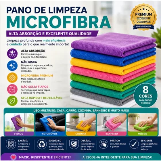 Kit Pano de Limpeza Microfibra Premium Alta Absorção Multiuso Não Risca 5 10 15 Ou 20 Unidades Tamanho 30 x30 cm