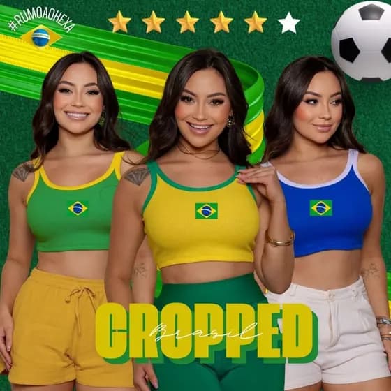 Regata Feminina Cropped Malha Canelada Algodão com Elastano Copa do Mundo Brasil