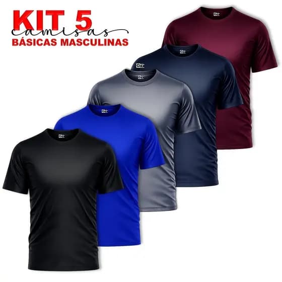 KIT com 5 Camisas Masculino Poliéster Premium | Camisas Lisas para Dia a Dia / Treino