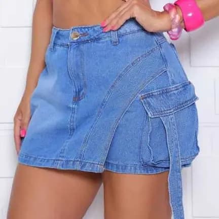 Short Saia Jeans Feminino Com Um Bolso Cargo Lateral Lançamento 2026