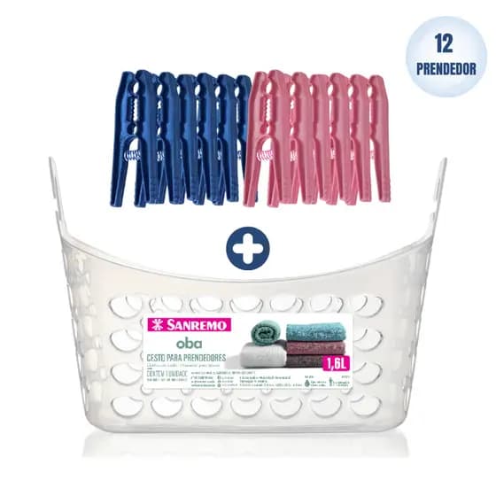 Kit Cesto Porta‑Prendedores 1,6 L + Grampos de Roupa