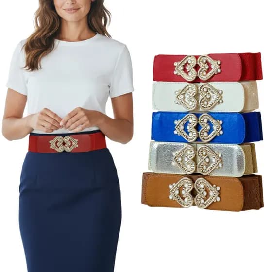 Cinto Largo Elástico Feminino Fashion – Fivela de Corações Dourados Luxo