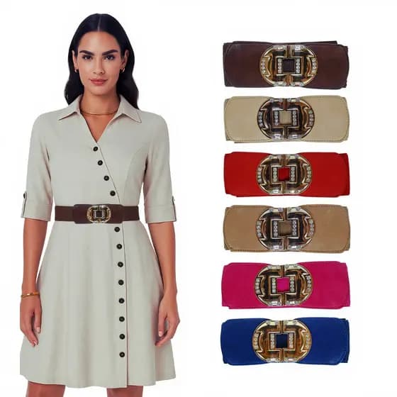 Cinto Feminino Largo Cintura Elástica – Fivela Barra Dourada para Vestidos