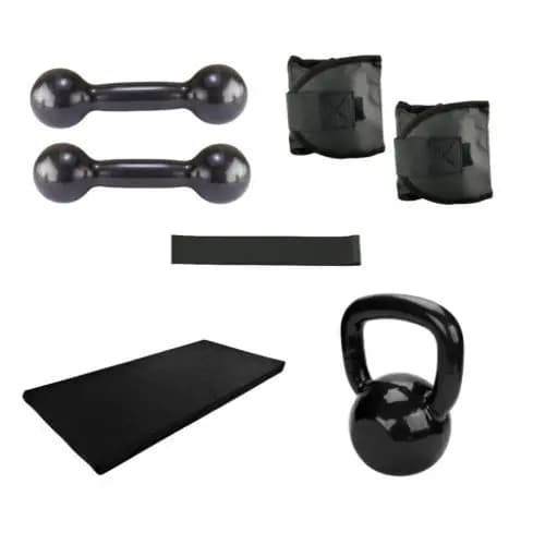 Kit Treino Em Casa Par Halter Peso 3 Kg Emborrachado+Par Caneleira 3 Kg+Kettlebell 4 Kg Agachamento+Colchonete+Elástico