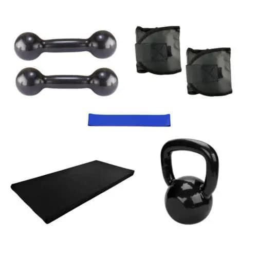 Kit Treino Completo Par Halter 1 kg Preto + Par Caneleira 1 Kg + Kettlebell 4 Kg + Colchonete + Elástico Theraband