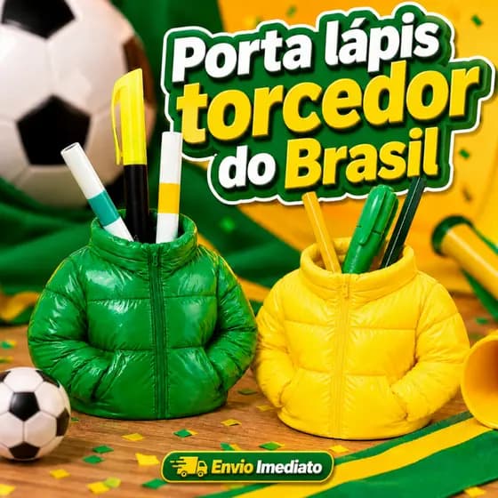 Kit Porta Lápis Torcedor Brasil Copa 2026 Jaqueta Puffer Organizador de Mesa