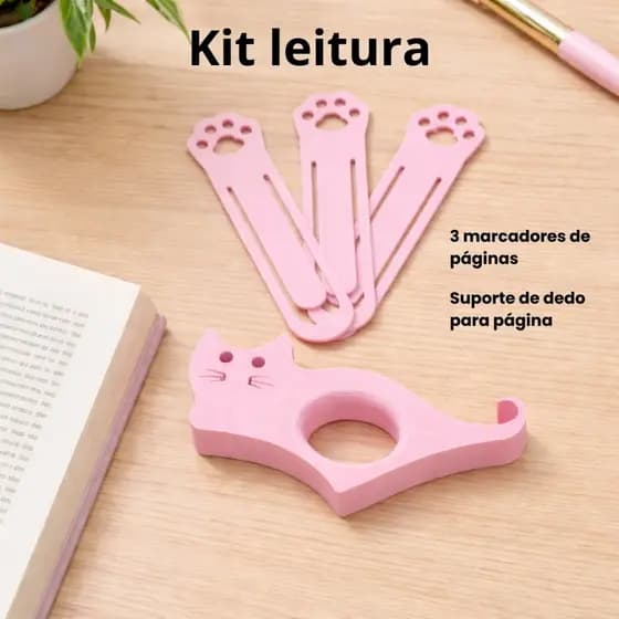 Kit anel apoio Suporte de dedo para segurar livro e marcador de páginas formato de gato - rosa