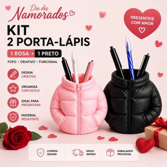 Kit Porta Lápis Jaqueta Puffer Rosa e Preto Organizador Mesa Fofo Decorativo Criativo