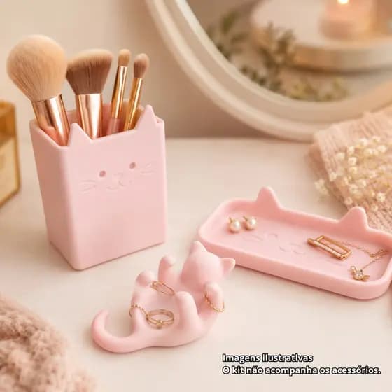Kit Porta Pincéis Maquiagem Porta Joias Bandeja Organizador Fofo Gatinho Rosa