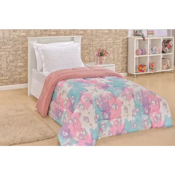 Coberdrom Edredom Sherpa Solteiro Infantil Dupla Face Liso Unicórnio