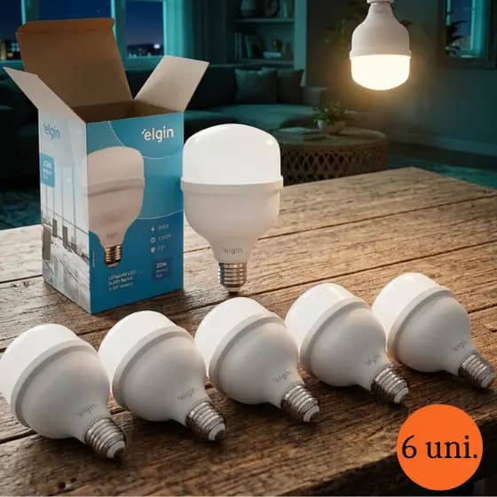 Kit 6 Lâmpadas LED Bulbo Elgin 40W E27 Bivolt 6500K Branco Frio Alta Potência