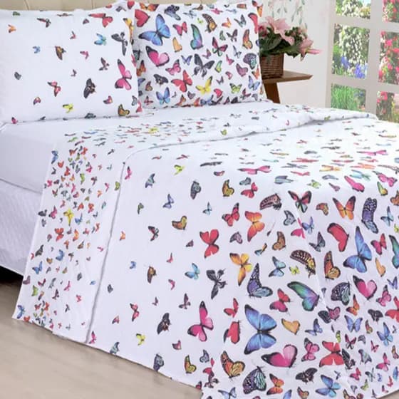 QUEEN Cobre Leito Colcha Borboletas Micropercal Luxo Estampado Exclusivo Premium - 03 Peças -