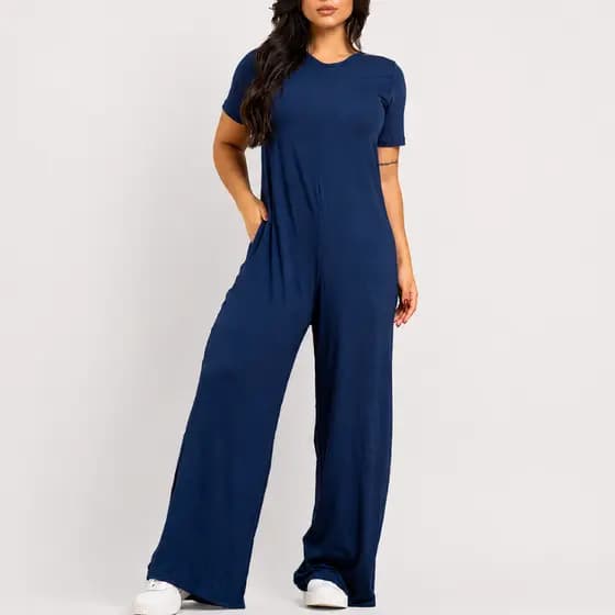 Vivah Macacão Feminino Pantalona Longo Liso Manga Curta Viscolycra