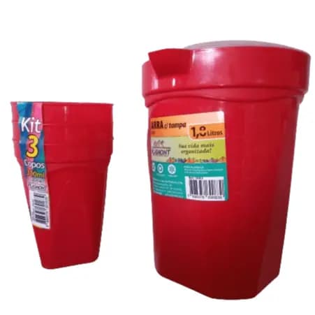 Jarra Plástica 1,8litros com Tampa + 3 Copos 300 ml.