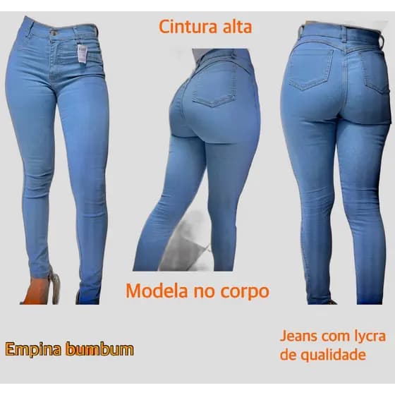 Calça Jeans Feminina Lycra Cintura Alta Empina Bumbum