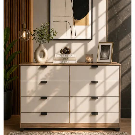 Cômoda Industrial 8 Gavetas P/ Quarto Casal Design Moderno Adulto Sapateira Off White Madeirado Espaçosa Cinza Branco